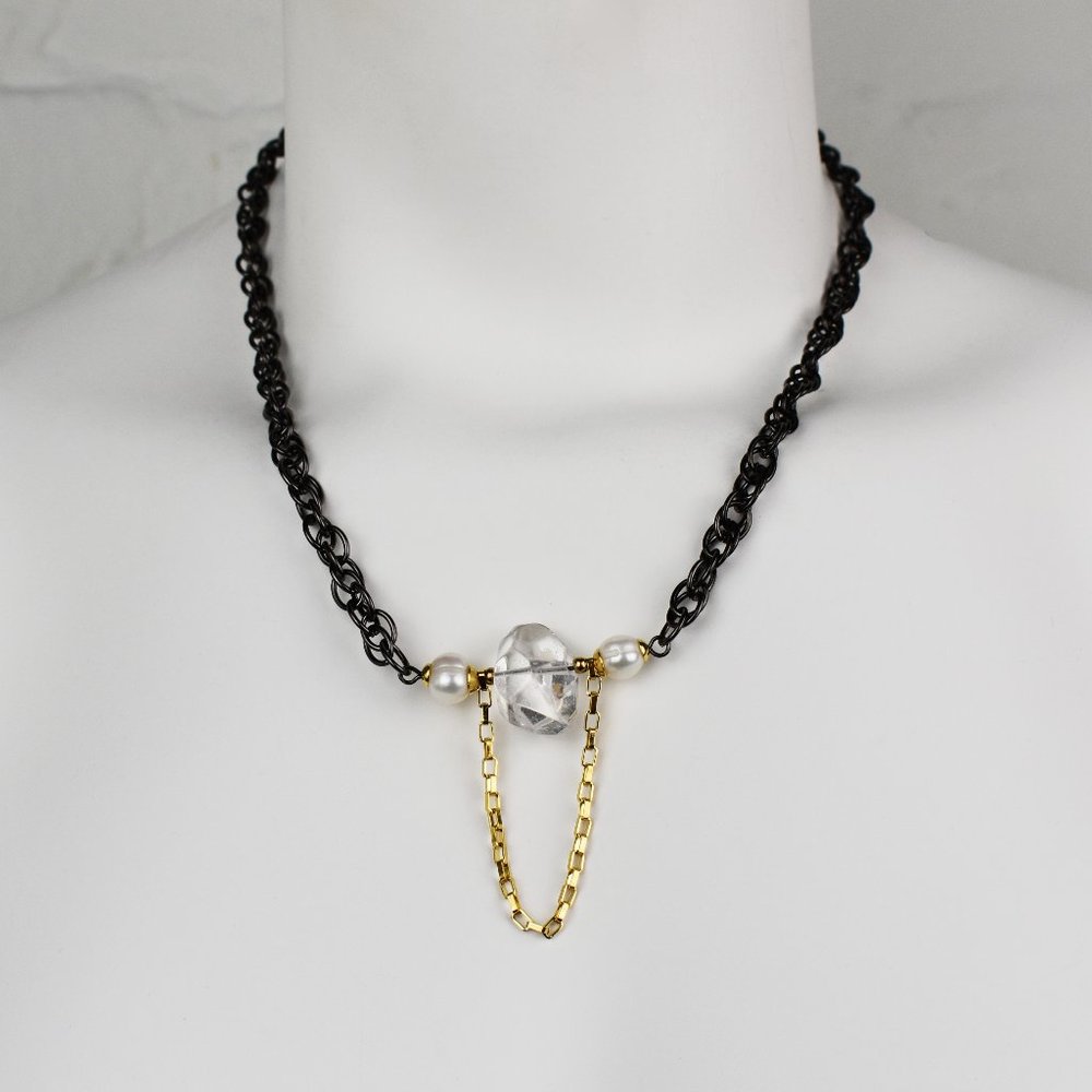 Black chunky chain necklace for women, clear quartz crystal necklace